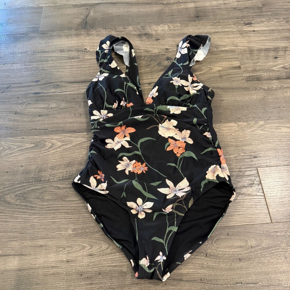 Shade & Shore Black Floral One Piece Swimsuit Ruffle Strap Ruched V-Neck Medium